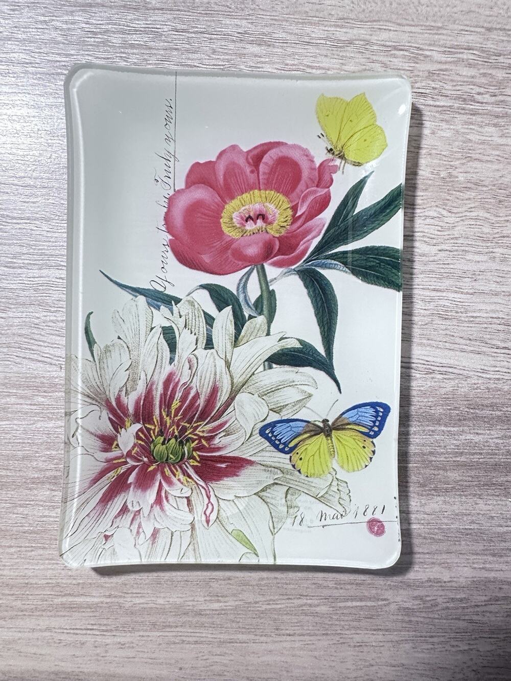 Fringe Studio Glass Tray Platter "Your Truly" Flowers Jewelry Glass Tray New